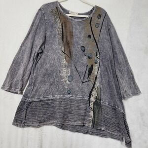 Jess & Jane Shirt Womens 1X Gray Abstract Tunic 3/4 Sleeve Pleated Hem USA